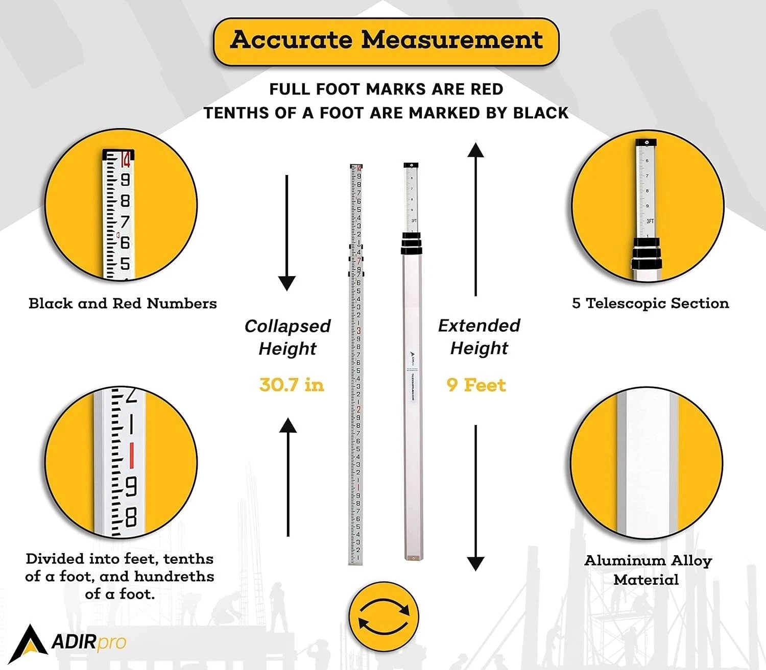 14 ft Telescoping Aluminum Leveling Rod with Bubble Level & Case