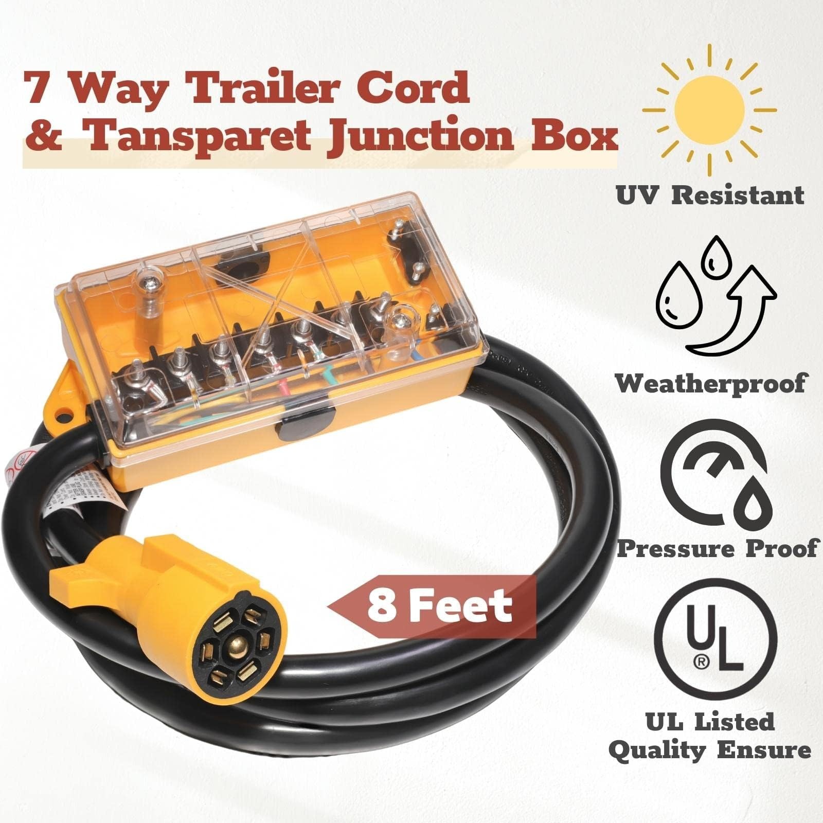 MECMO 7 Way Plug Inline Trailer Cord 8Ft, 7 Gang Junction Box, Heavy Duty 7 T…