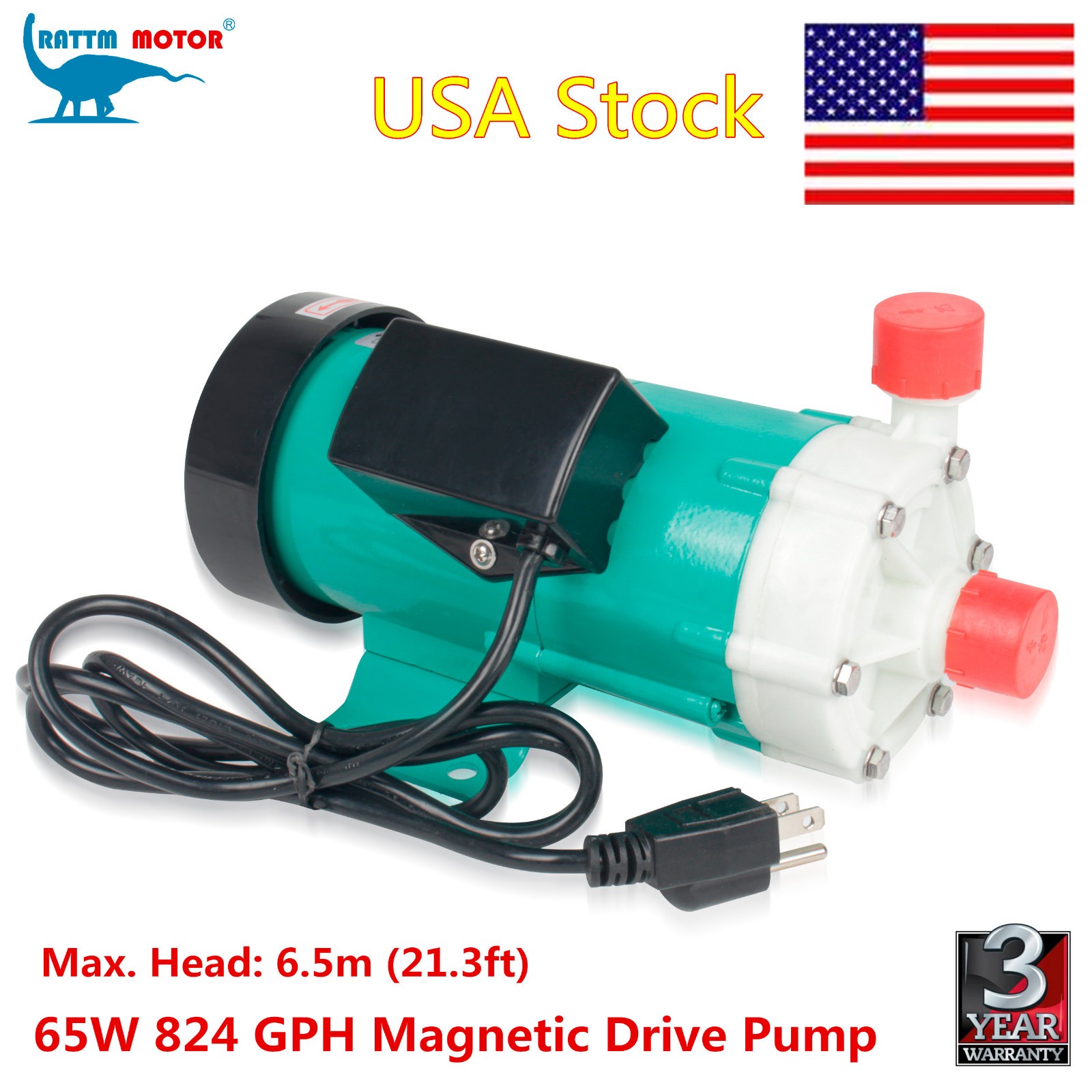 【US】65W 824GPH Magnetic Drive Pump Head 21.3ft 3000RPM 52L/min 3/4″ Thread 110V