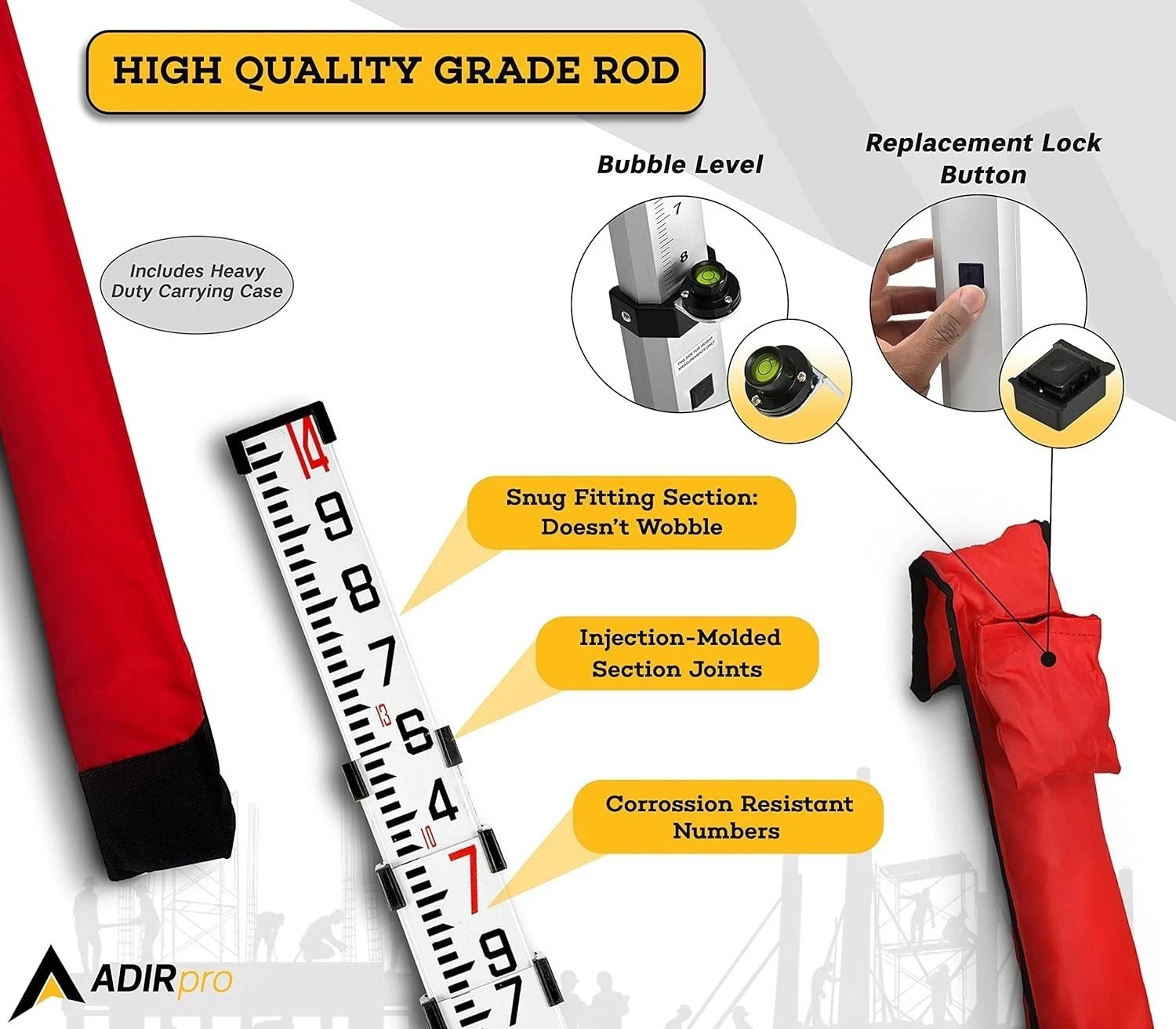14 ft Telescoping Aluminum Leveling Rod with Bubble Level & Case