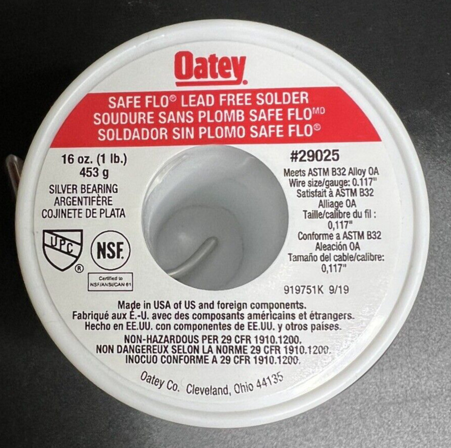 Oatey 1 Lb. Safe Flo Lead Free Solder #29025 Silver Bearing 0.117” SHIPS TODAY!