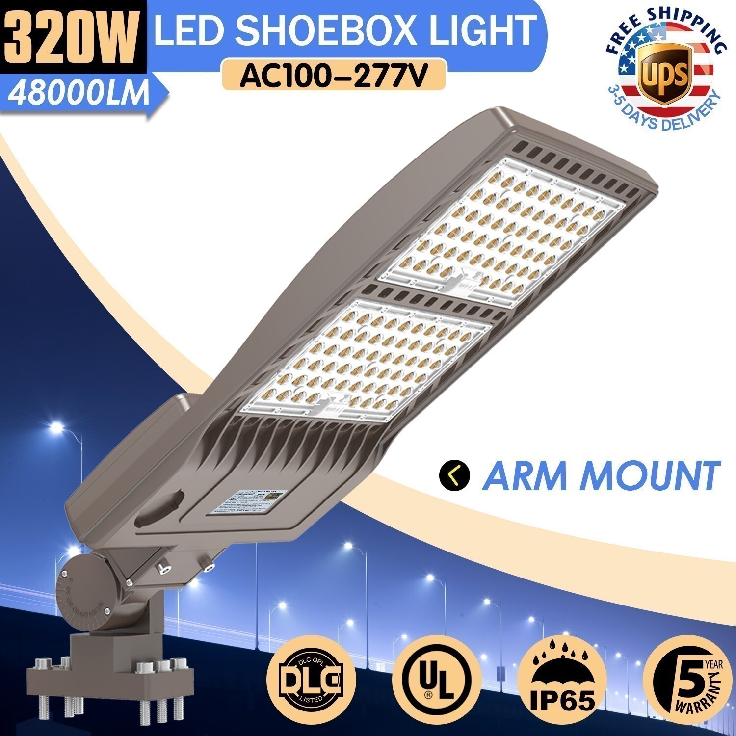 320W LED Shoebox Pole Light Street Area Parking Lot Lighting Fixtures Arm Mount
