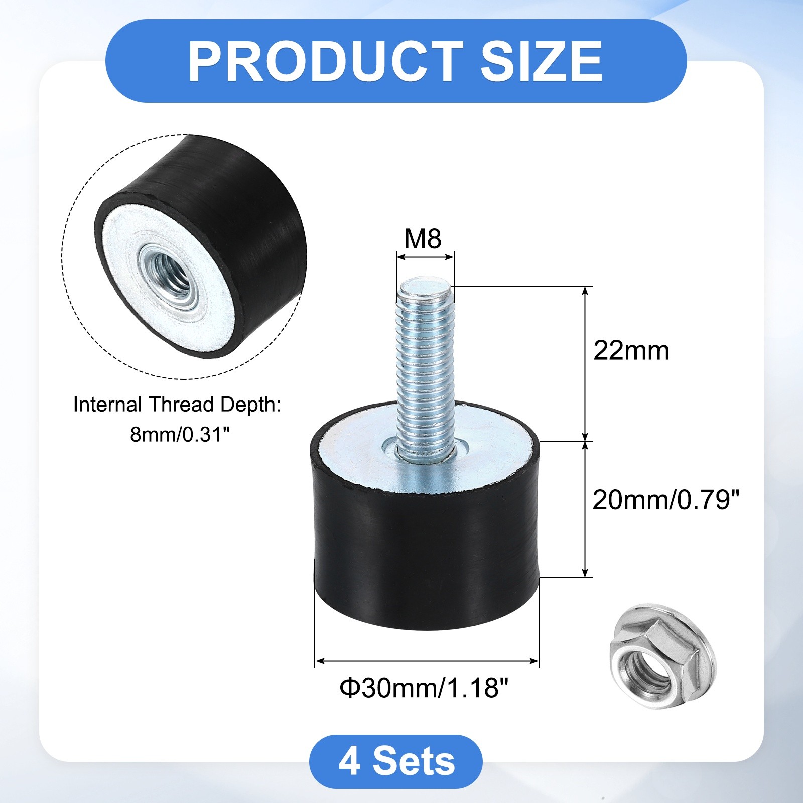 4Pcs M8x22mm Rubber Mounts 30x20mm(DxH) Rubber Shock Absorber Mount with Nuts