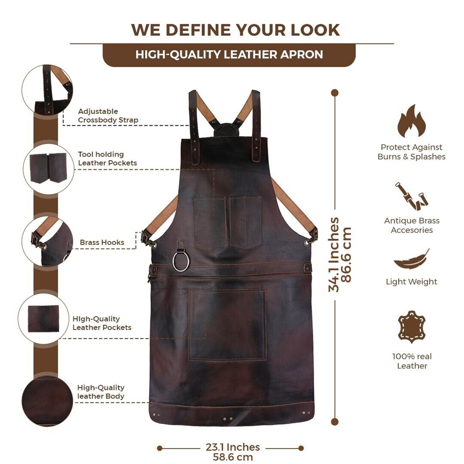 New Leather Apron Brown Genuine Leather Apron Pockets Cowhide Butcher Chef BBQ