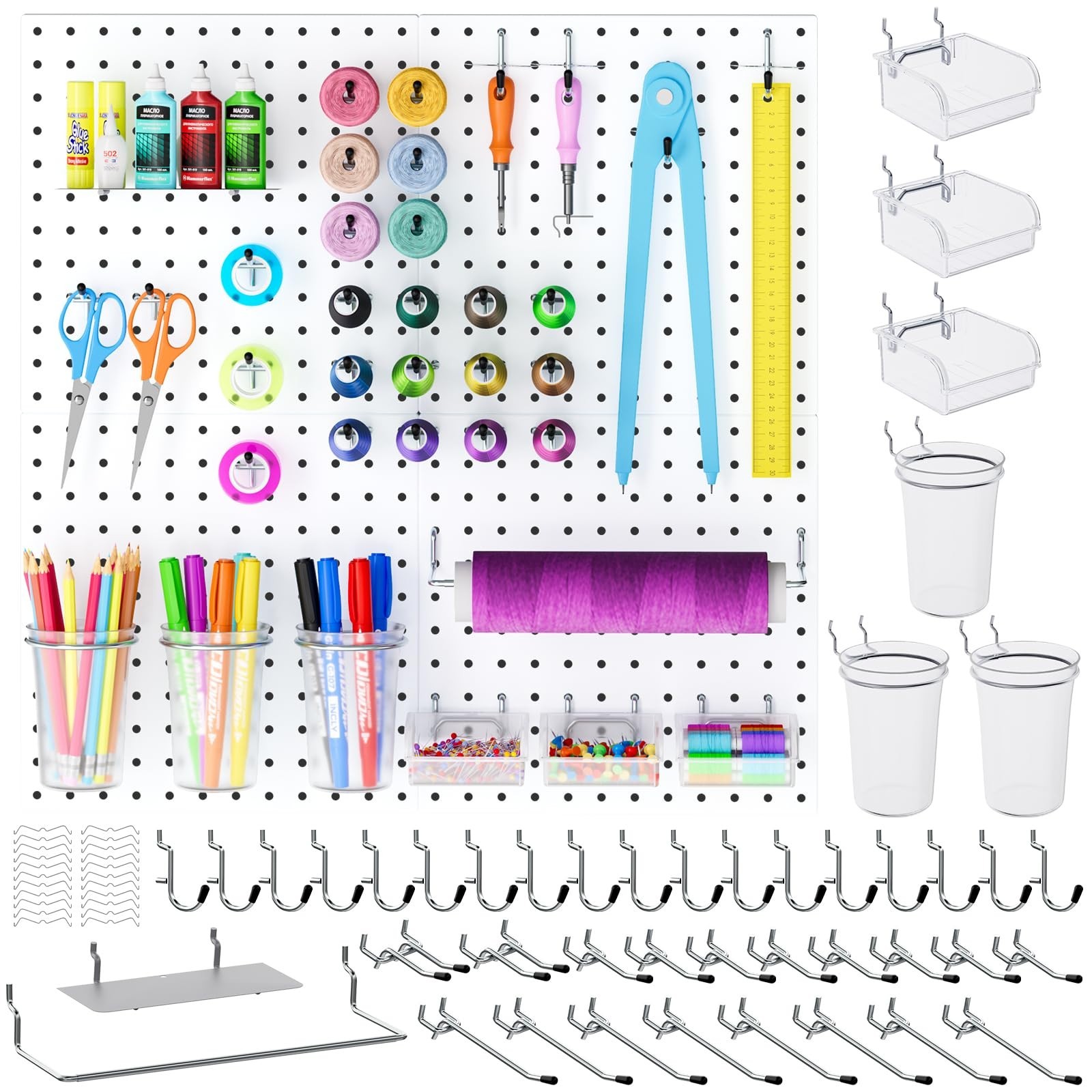 70PCS Metal Pegboard Kit – 4 White Panels, Hooks, Bins, Cups & Organizer for Cra