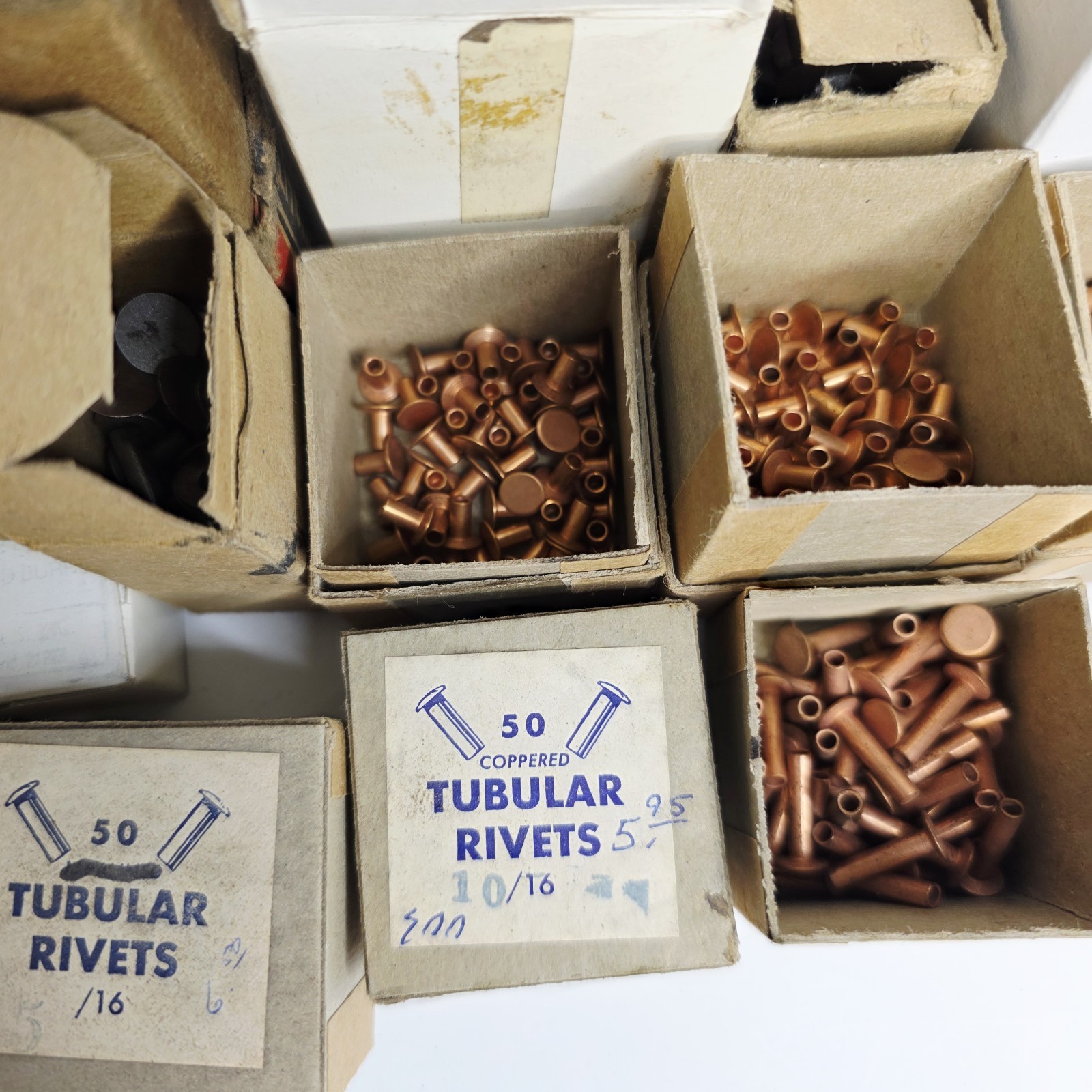 8 Pounds Vintage Copper Steel Belt Fasteners Tubular Rivets Burrs Boxes Lot Bulk