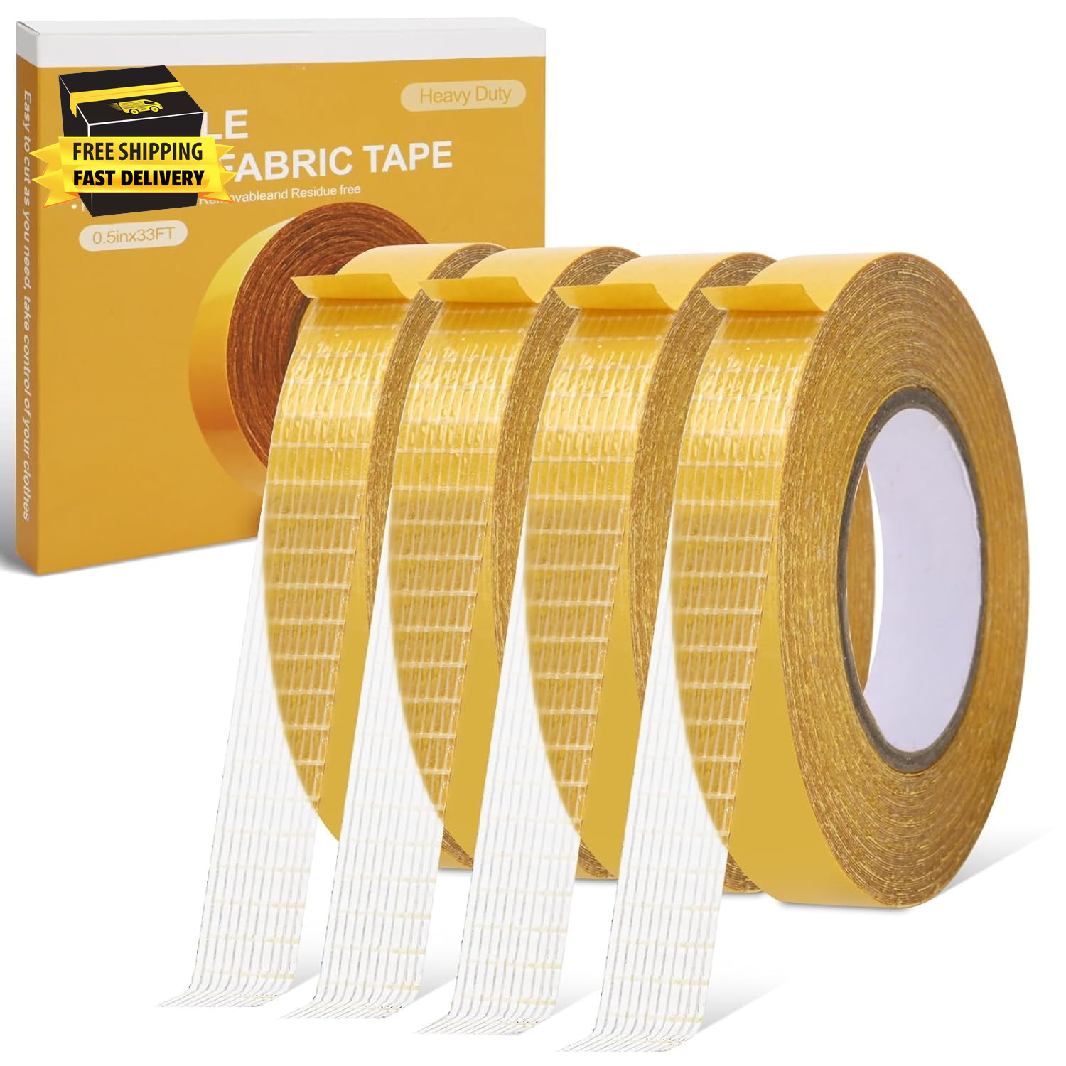 4 Pack， 0.5 in X 33Ft/10M，Double Sided Fabric Tape Heavy Duty for Hem，Fashion Dr