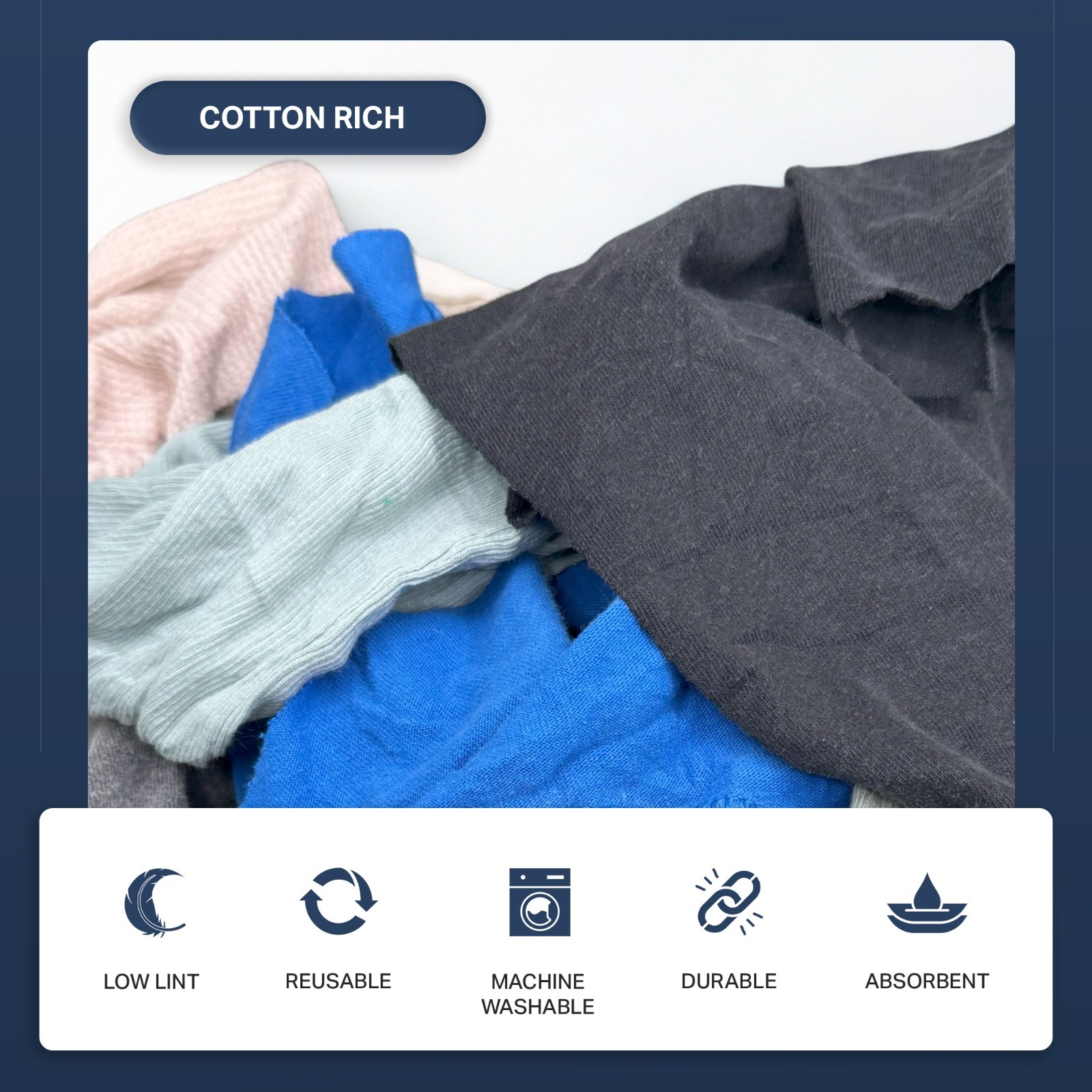 COLORED T-SHIRT / KNIT RAGS – 50 LB. BOX – SHOP RAGS – LOW LINT RECYCLED