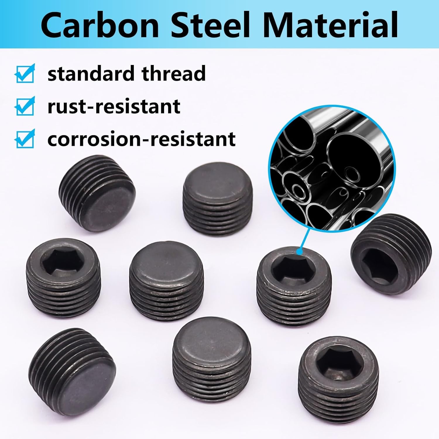 8PCS 1/2″NPT Male Pipe Plug Fitting Black Carbon Steel Pipe Plug Set Internal He