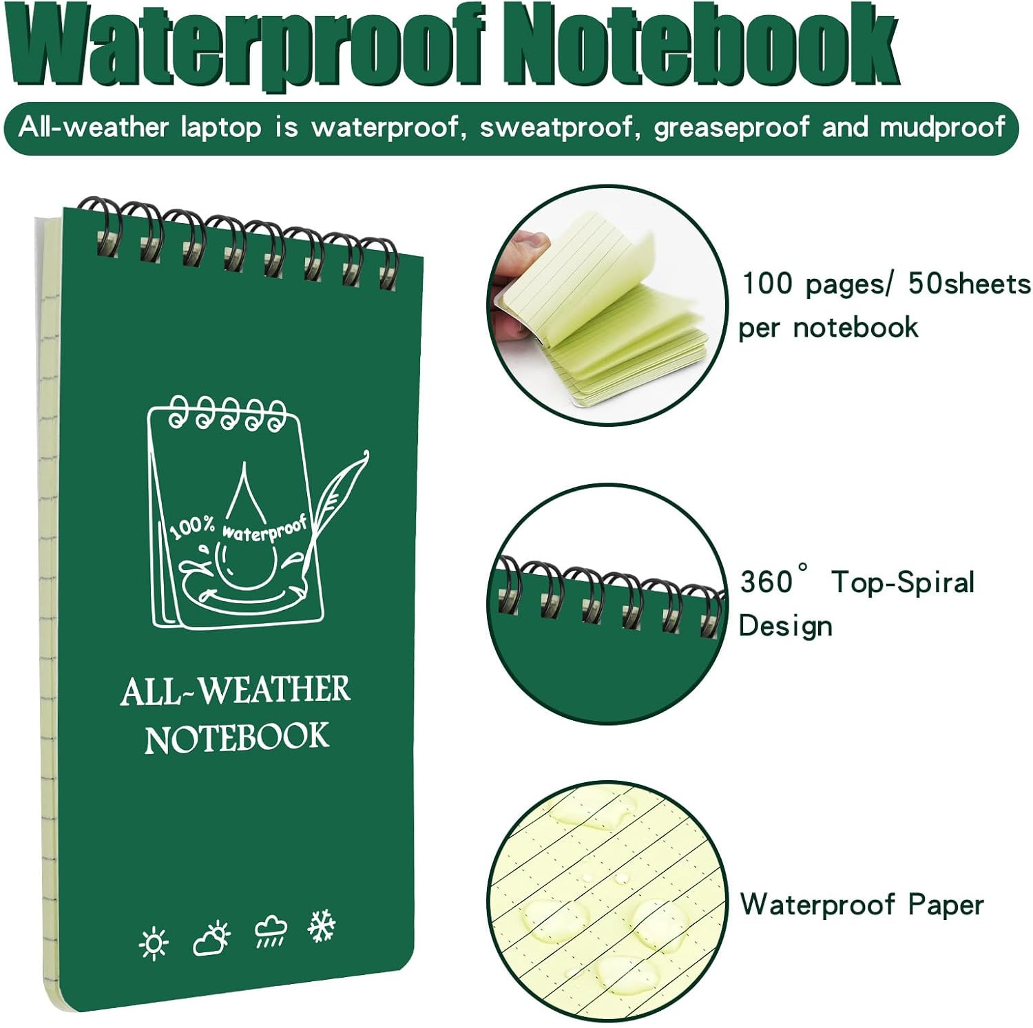Waterproof Pocket Notebooks with Pens, 3X5 Mini Notepad All Weather Top-Spiral M