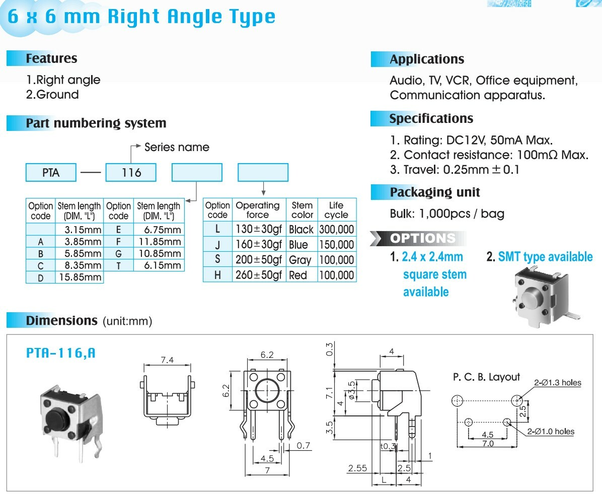 25 X Momentary Pushbutton Micro Switches – Right Angle PC Board Mount – Pacer
