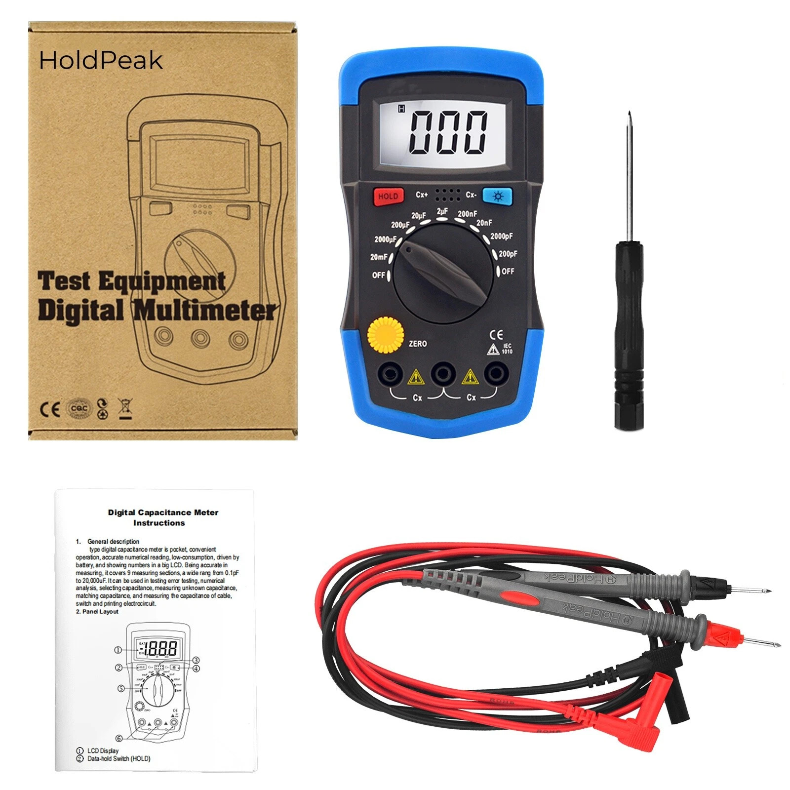 HoldPeak Capacitance Meter Mini Capacitor Tester Handheld 200pF-20mF Data Hold