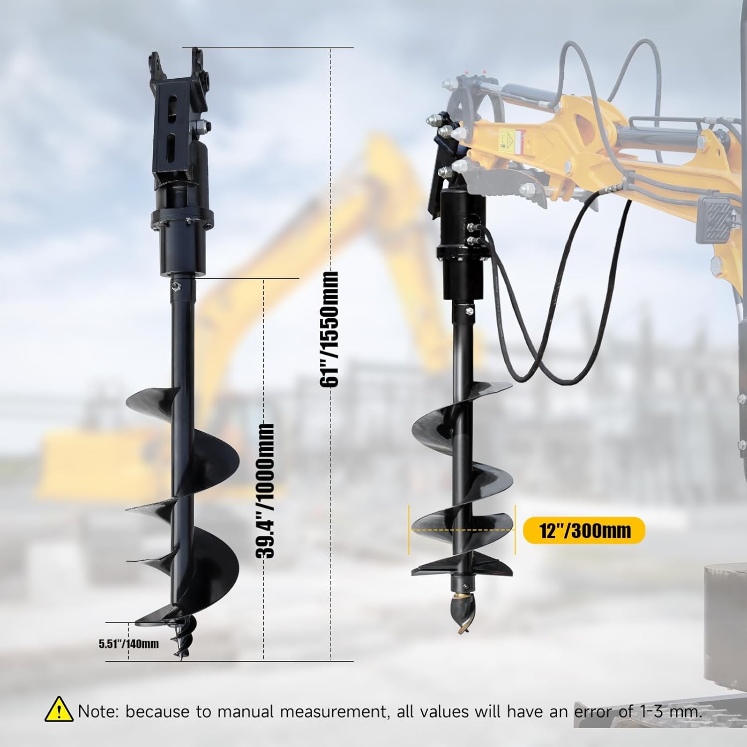 300mm Auger Drill Rod+Bit For 1-2Tons Mini Excavators Small Diggers Replace Rod