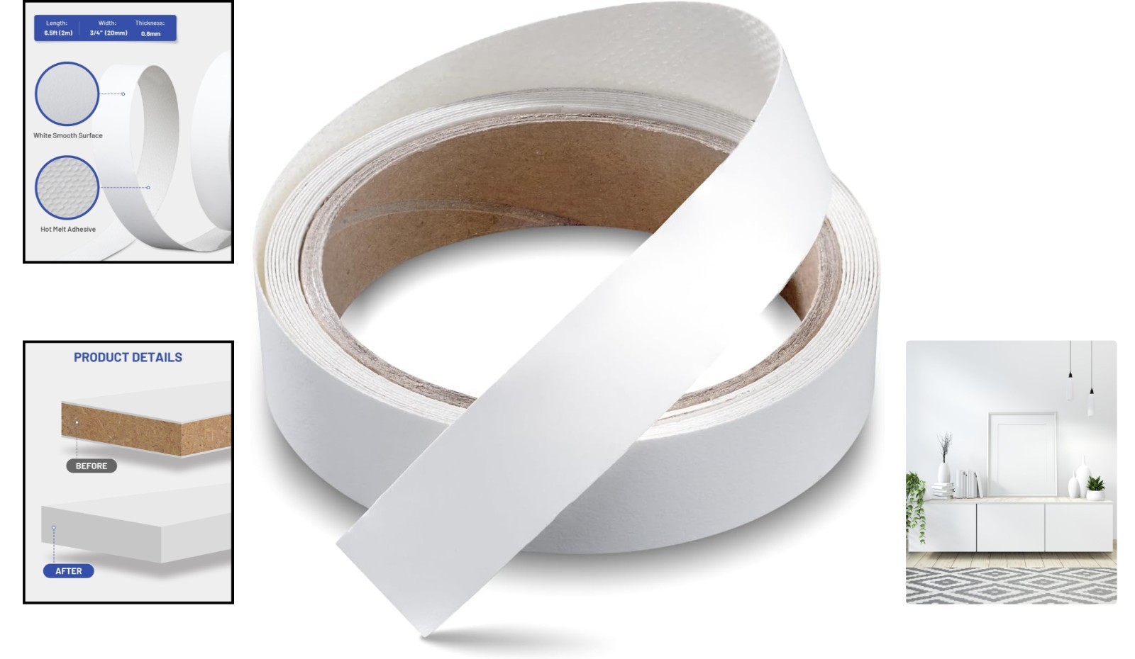 White Melamine Edge Banding 3/4 Inch x 6.5 ft – Ideal for DIY Furniture Projects