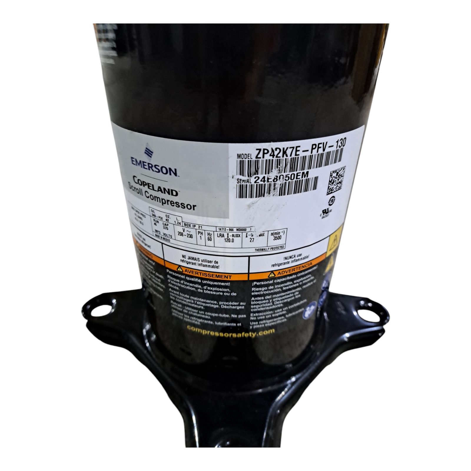 Copeland Scroll, ZP42K7E-PFV-130, 3.0/3.5 Ton R410A Compressor