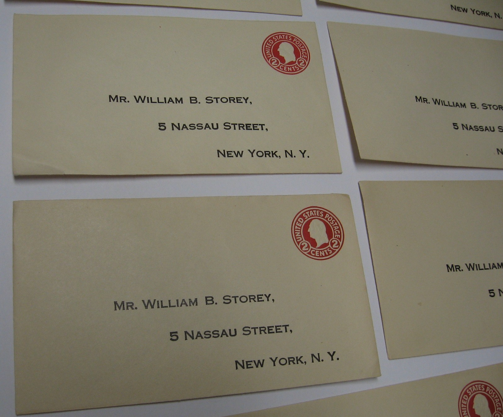 7-Business Envelopes Prepaid 2 cents 1920’s William B. Storey, Nassau St. NY, NY