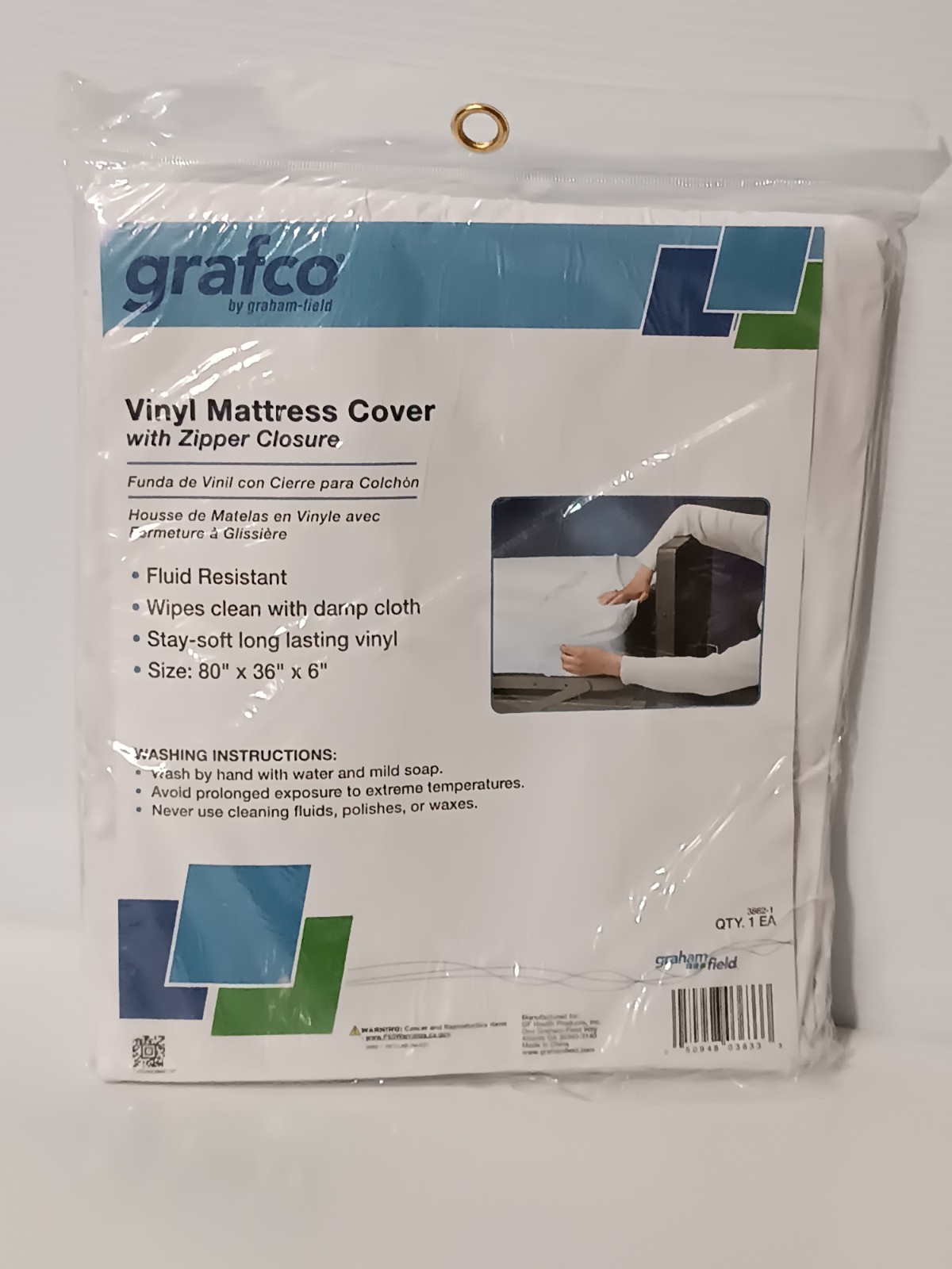 Graham-Field 3862-1 Grafco Vinyl Mattress Cover with Zipper Closure, 80″x36″x6″