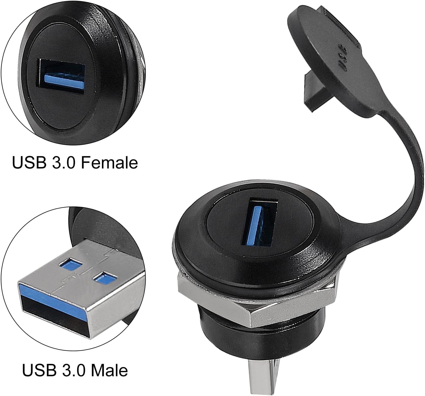 2 PCS USB 3.0 Panel Mount Coupler Waterproof Male To Female Conversion Cap