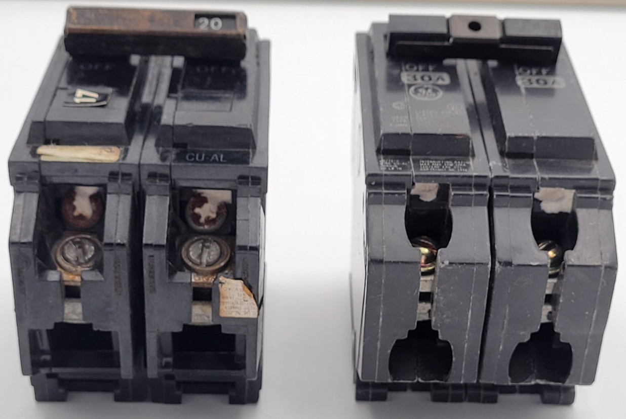 GE Mixed Lot of 2 Breakers THQB2120/THQB2130 20A & 30A 2P 120/240V Bolt-On USED