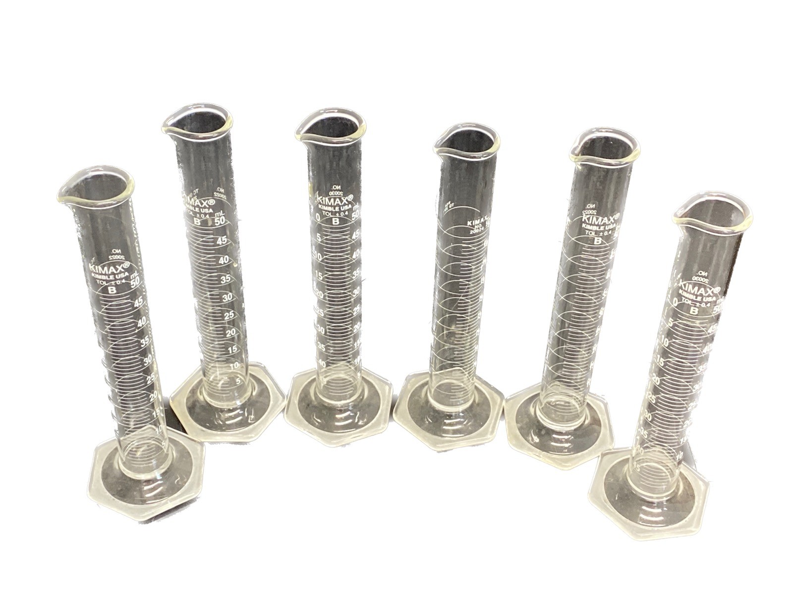(6) Used KIMAX Glass Class B 50mL TD Single Scale Graduated Cylinder 20024-50