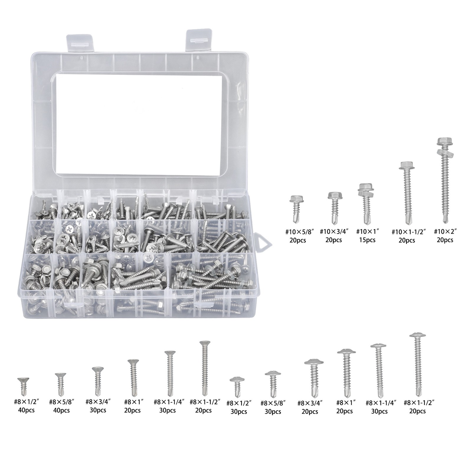 425PC 410 Stainless Steel Self-Tapping Screws #8#10 Self-Drilling Assortment Kit