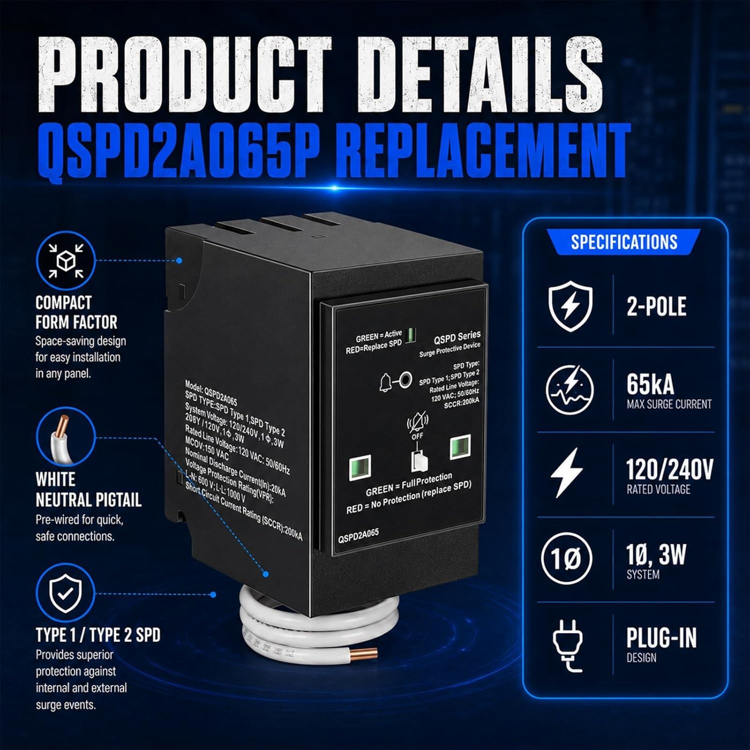 for Siemens QSPD2A065P Plug-in Surge Protection Device, 2-Pole 65kA 120/240V 1Ø