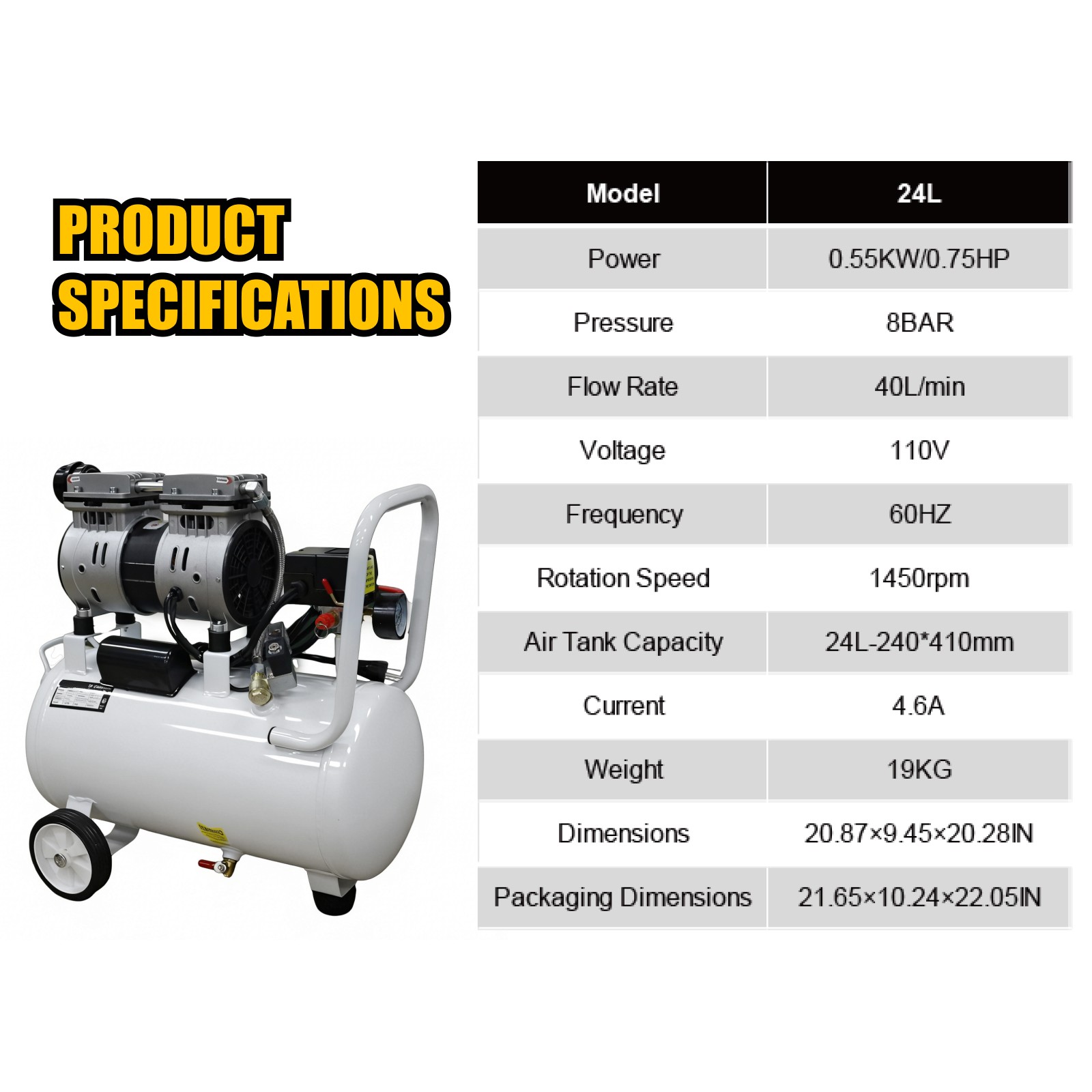 24L 40L/min Dental Medical Air Compressor Silent Air Compressor Oilless 115PSI