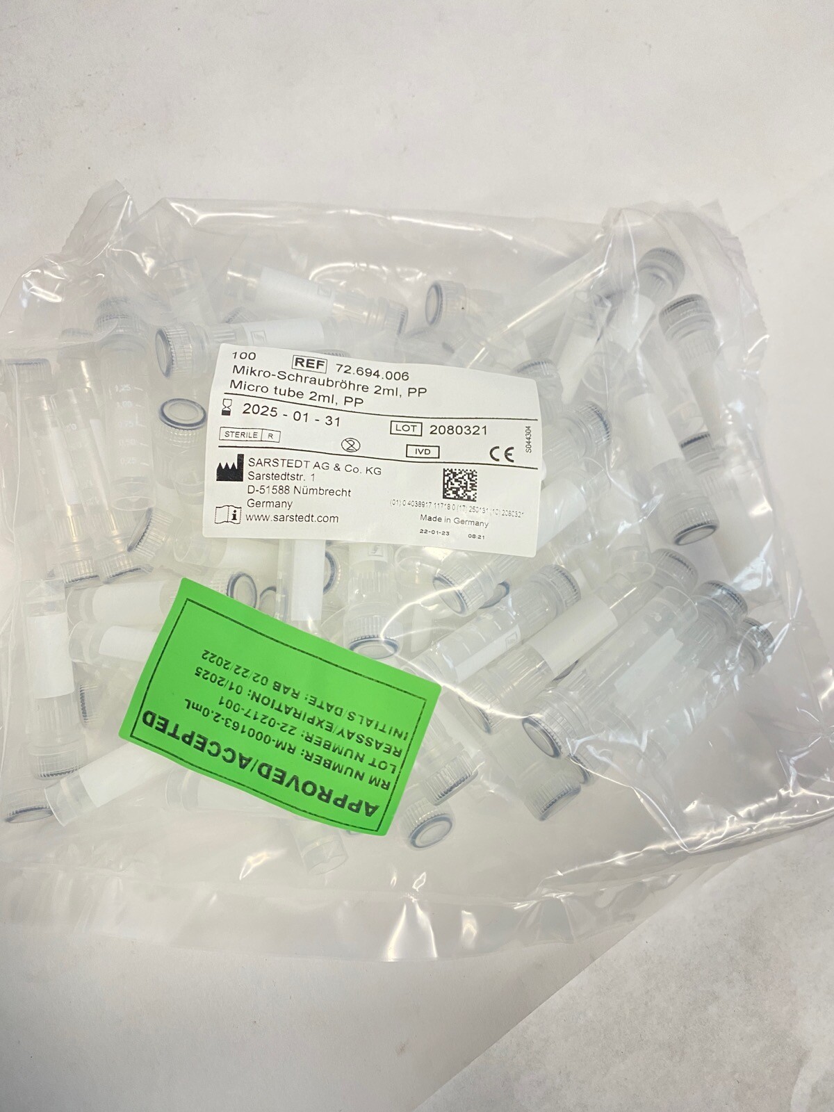 (900 Pcs) SARSTEDT 2mL PP Micro Centrifuge Tubes w/ Screw Caps Conical Bottom