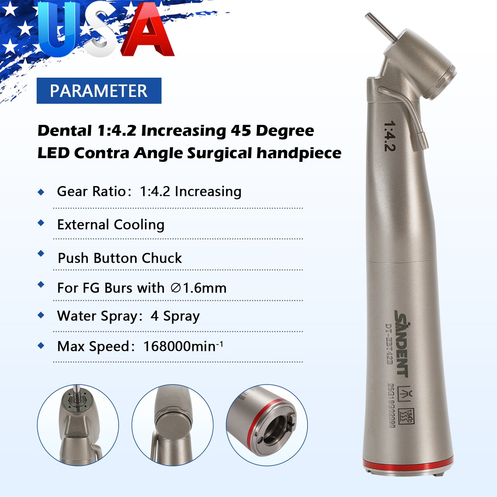 SANDENT Handpiece LED 1:4.2 Contra Angle 45° Surgical External Spray