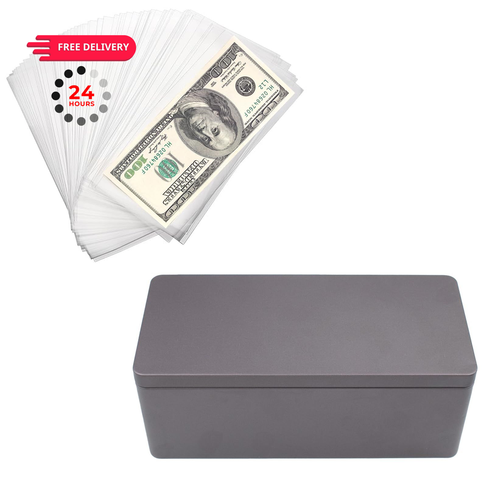 Black Metal Cash Box with 100 PCS Clear Paper Money Holders, Dollar