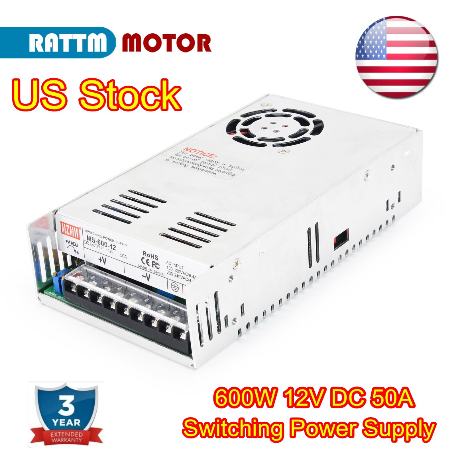 『USA』12V 50A 600W DC Switching Power Supply Adapter PSU for LED Light/3D Printer