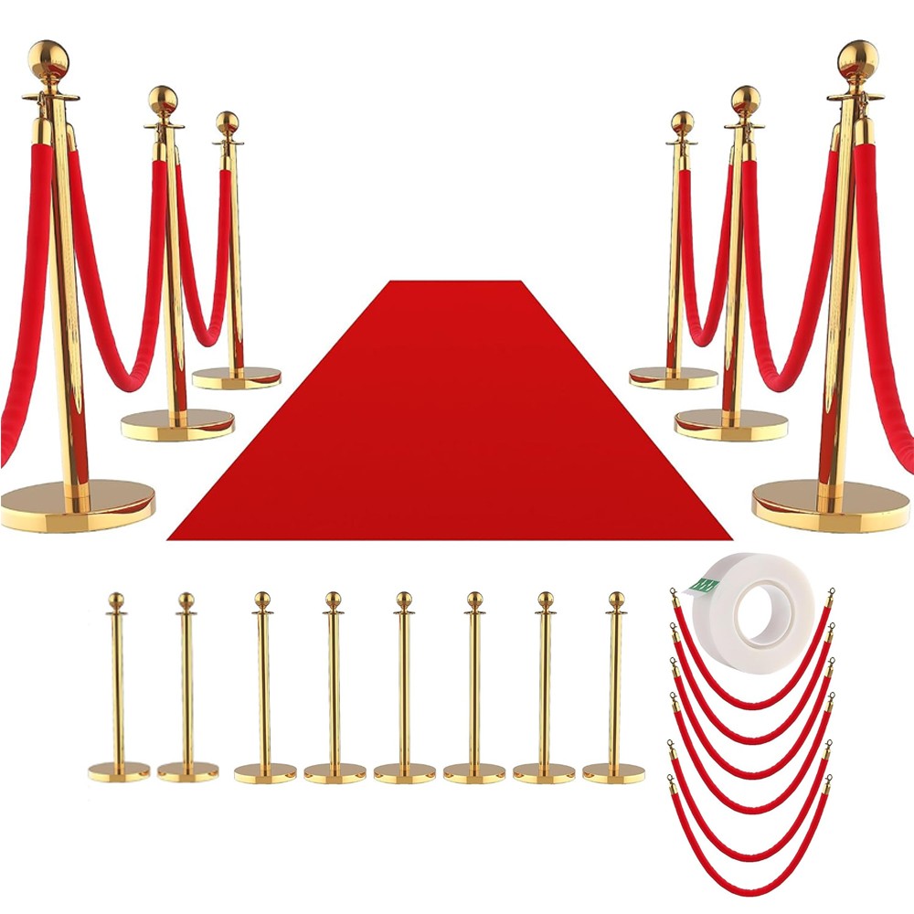 Gold Stanchion Set 5ft Red Velvet Ropes Stainless Steel Crowd Control 8 Piece
