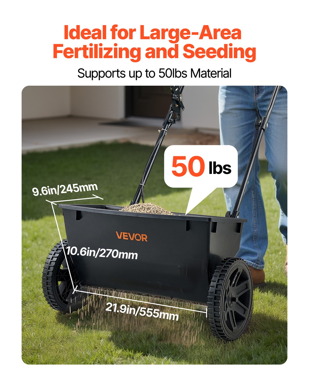 VEVOR Walk-Behind Push Spreader 50LB Capacity Lawn Drop Spreader 10 Settings