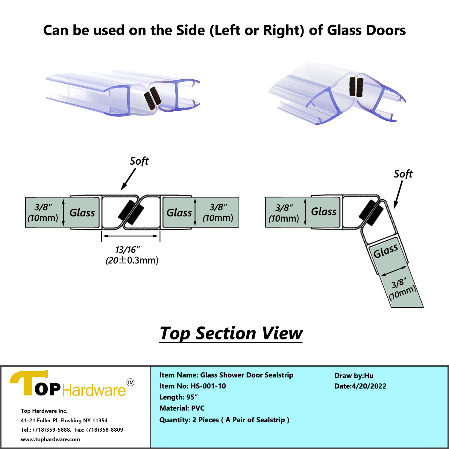 Ultra Clear Polycarbonate Shower Door Seal Strip for 3/8″ Glass Thickness HS-001