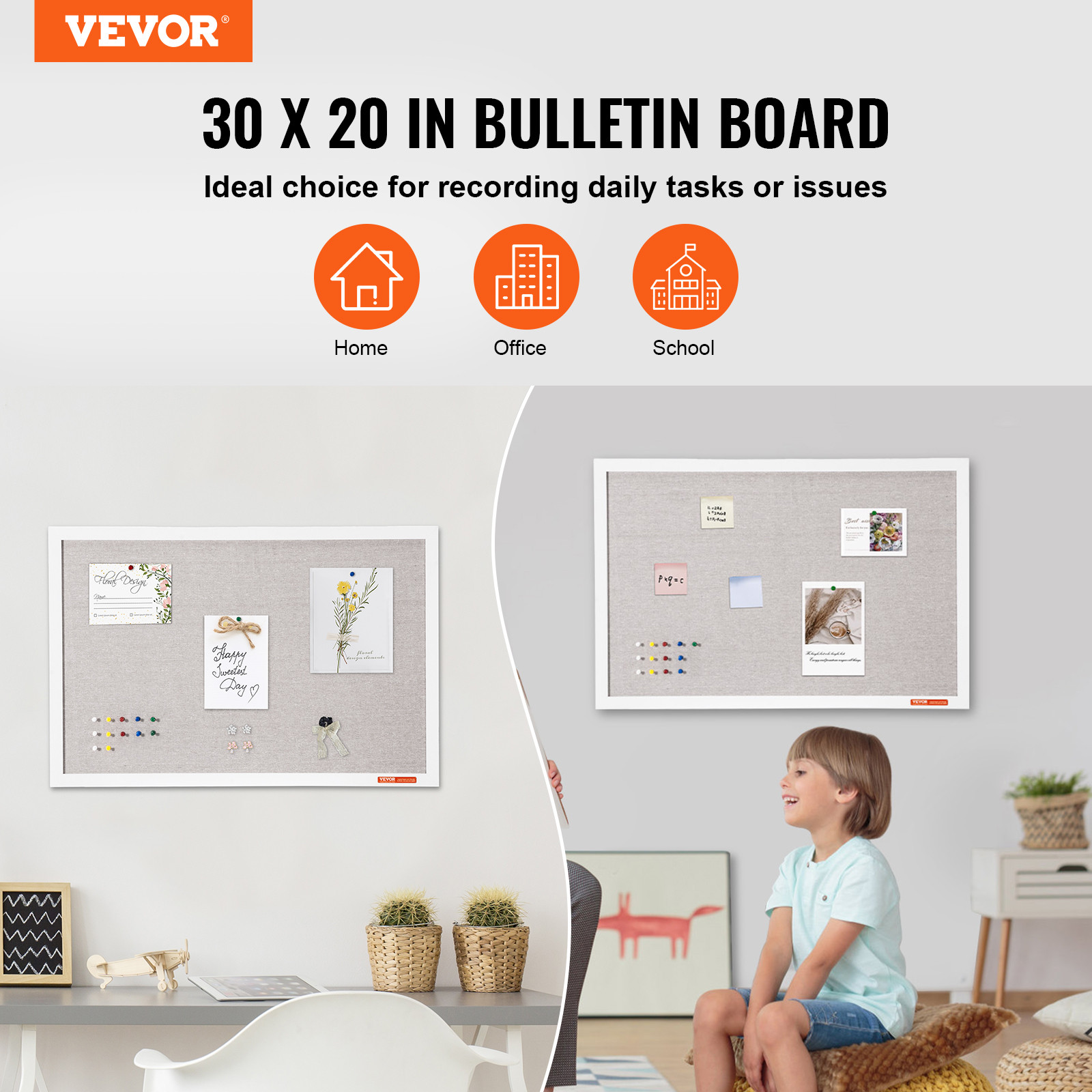 VEVOR 30″x20″ White Cork Board with Linen Surface Wall-Mounted Bulletin Board