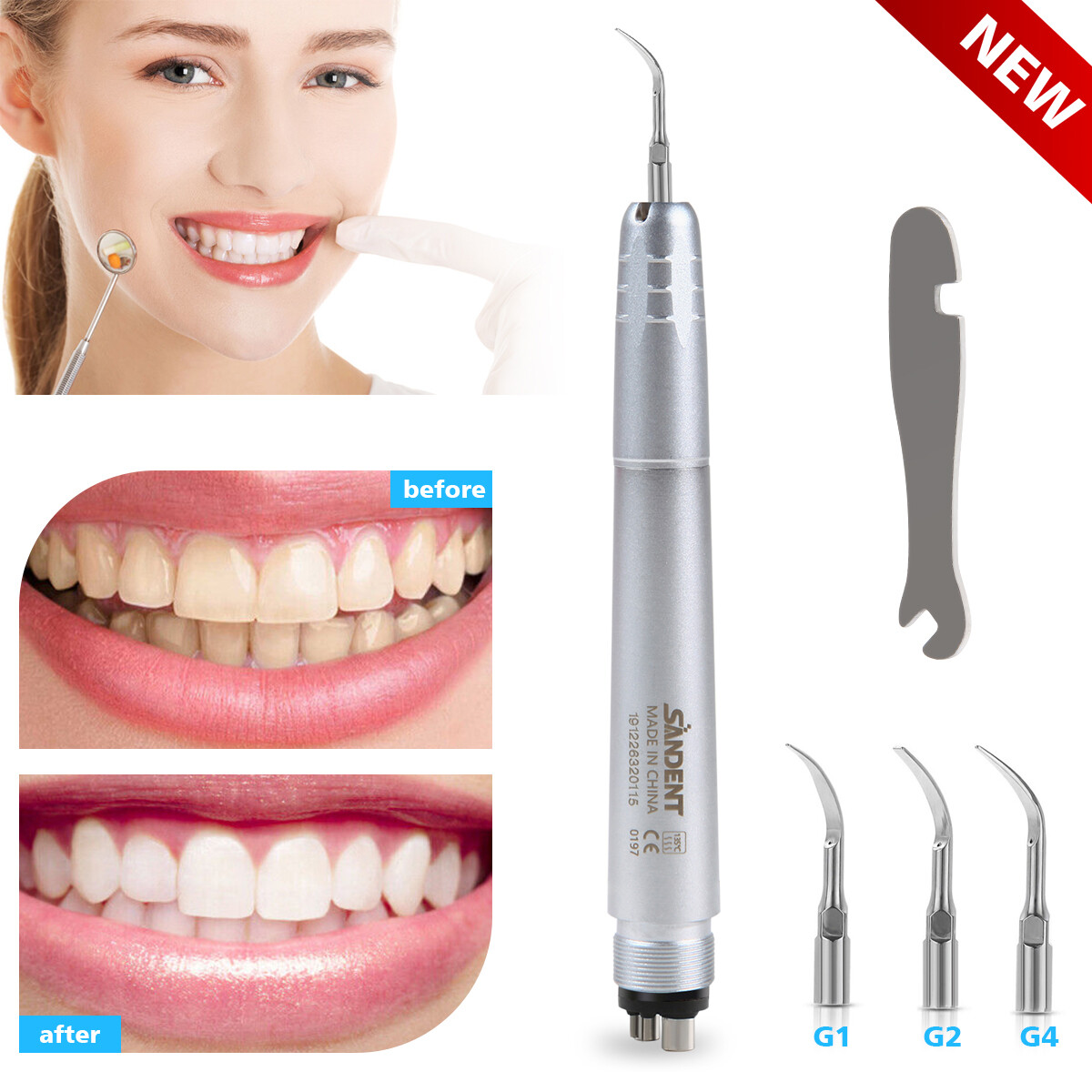 Dental Ultrasonic Air Scaler Handpiece 4 Hole +Scaling Perio Tips G1,G2,G4 SA
