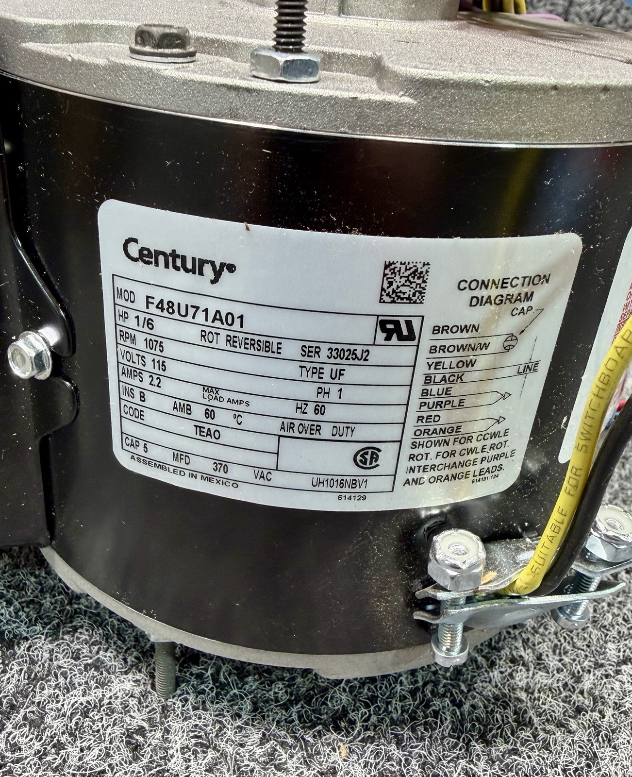 Century UH1016NBV1 F48U71A01 Unit Heater Motor 115V, 1075 RPM, 1/6 HP
