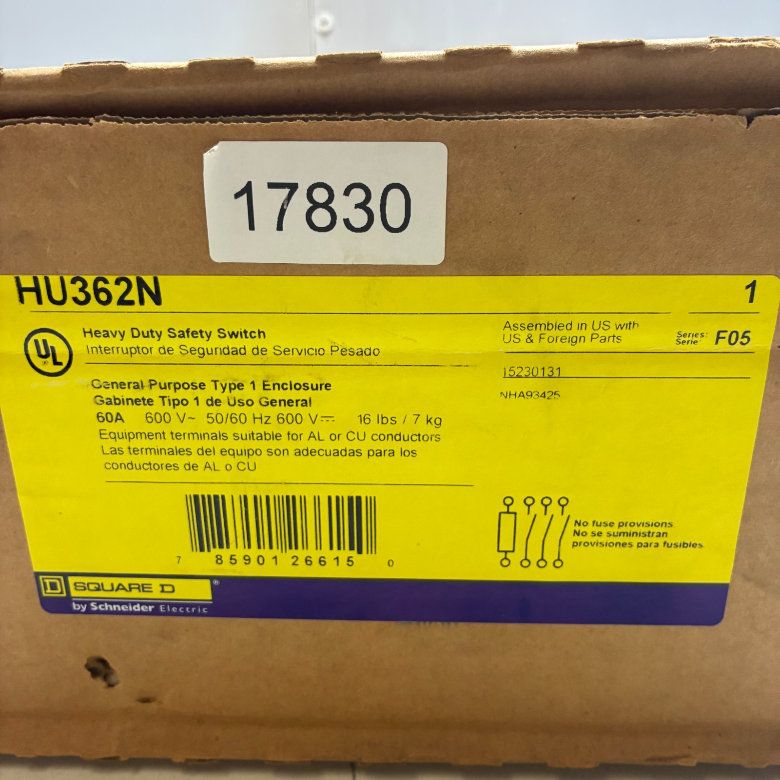 SQUARE D HU362N HD SAFETY SWITCH N0N-FUSIBLE 3P 60A 600V