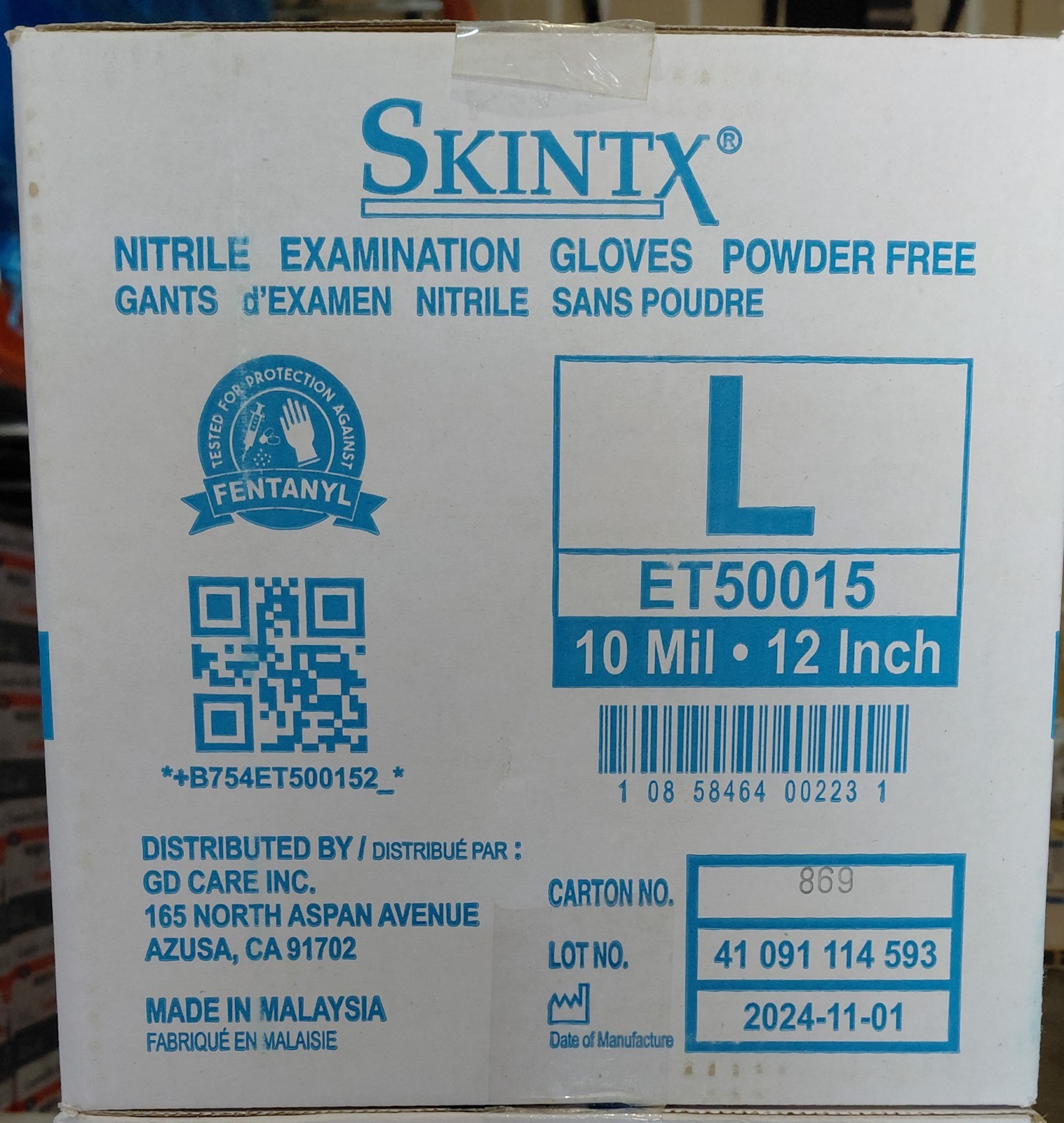 Skintx 10 Mil Nitrile Exam Gloves 12 inch Cuffs Size Large ET50015 Case of 500