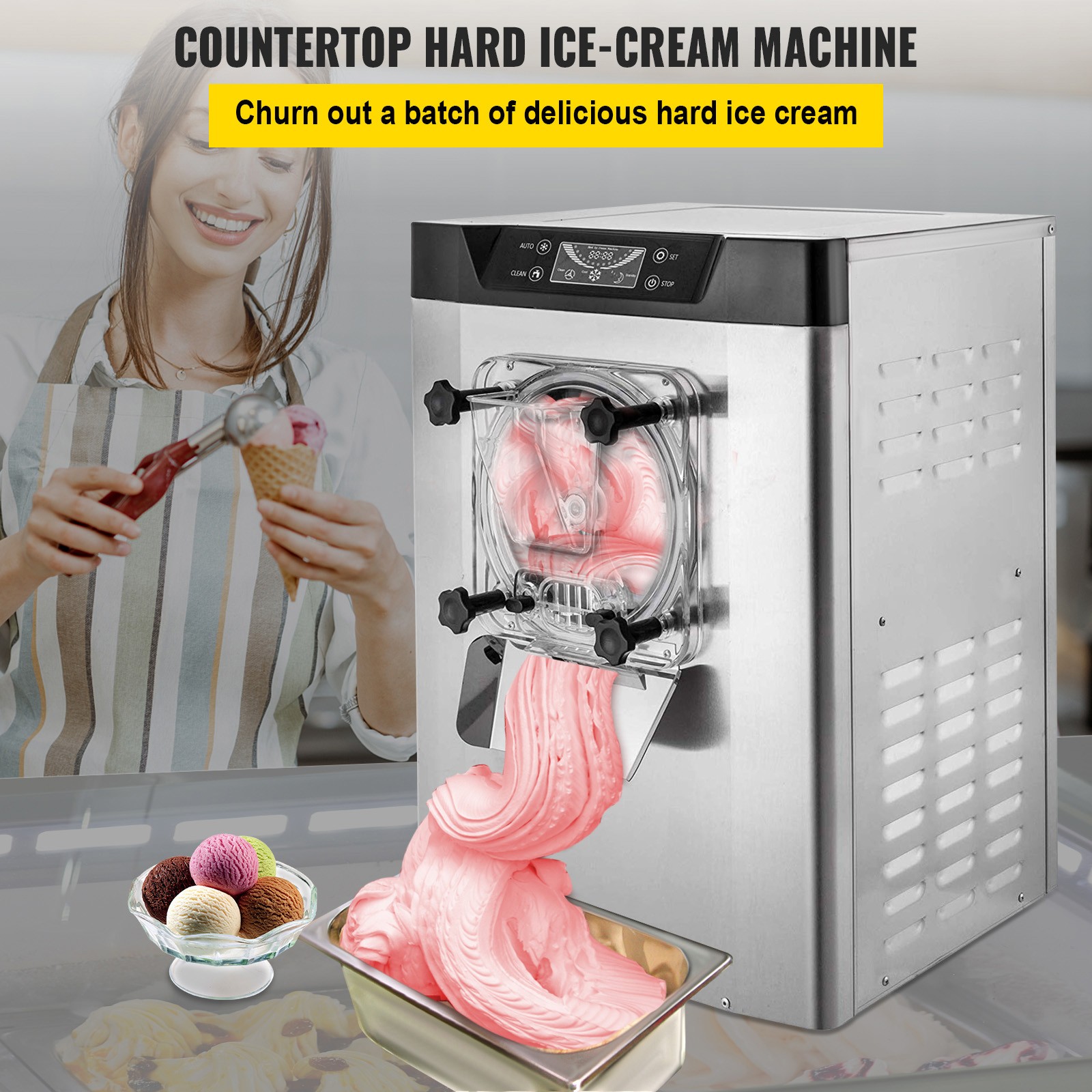 VEVOR Commercial Frozen Hard Ice Cream Machine 20L/H Yogurt Ice Cream Maker 110V