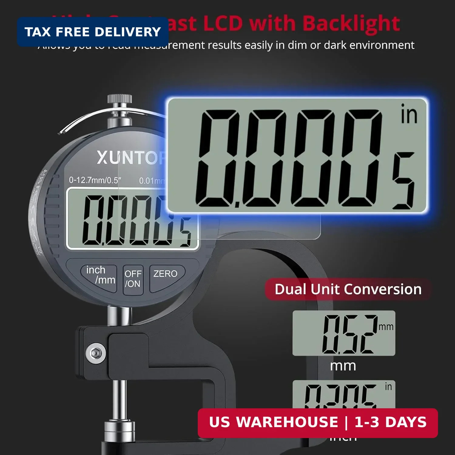 XUNTOP Digital Thickness Gauge 0.5inch/0.0005inch(12.7mm/0.01mm) Thickness Meter