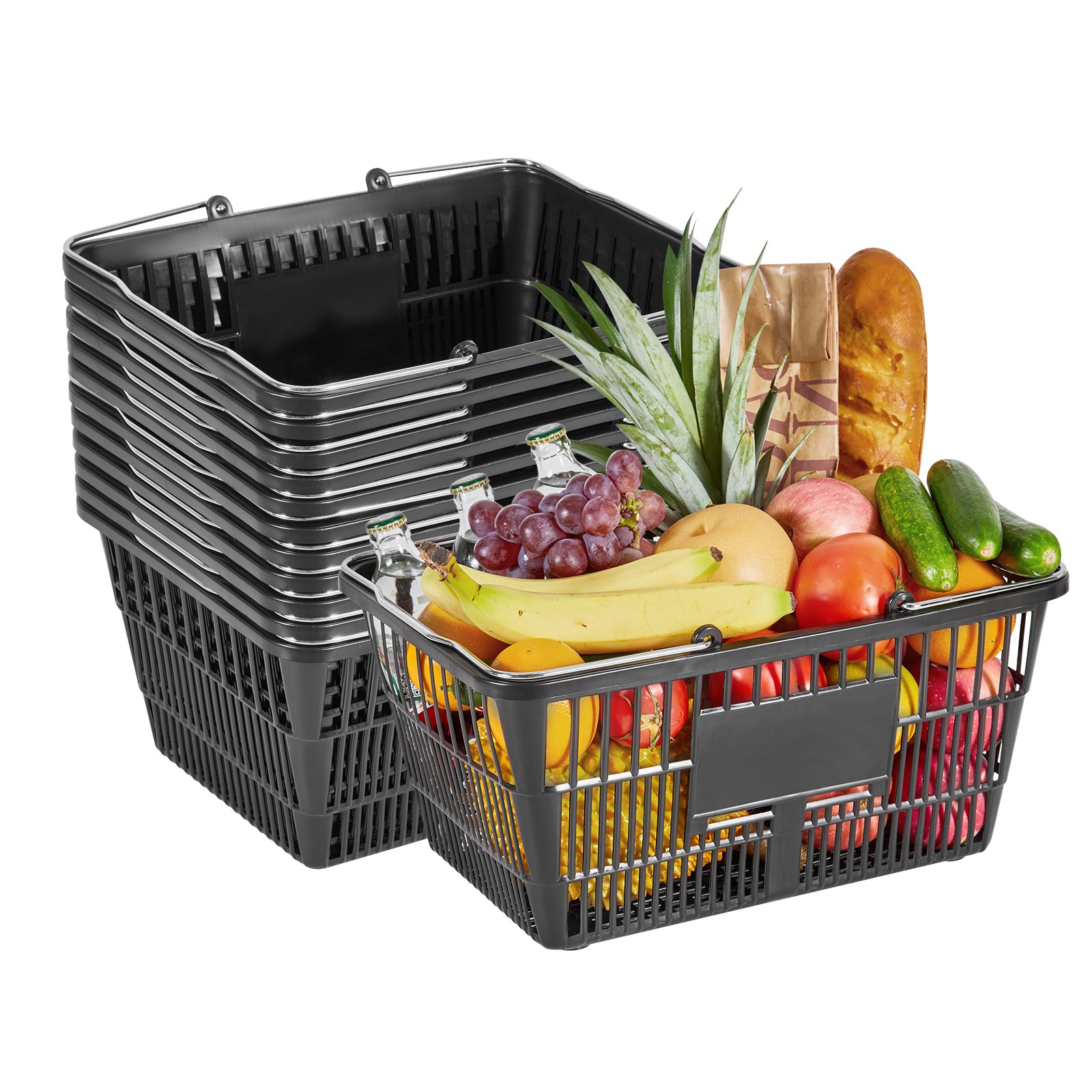 Uimoso Set of 12 Stackable Black PE Shopping Baskets with Handles for Groceries