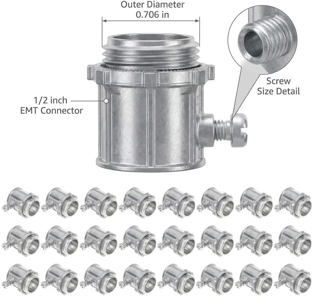 EMT Set Screw Connectors, 1/2″ Zinc Die Cast, 25 Pcs Electrical Conduit Fitting,