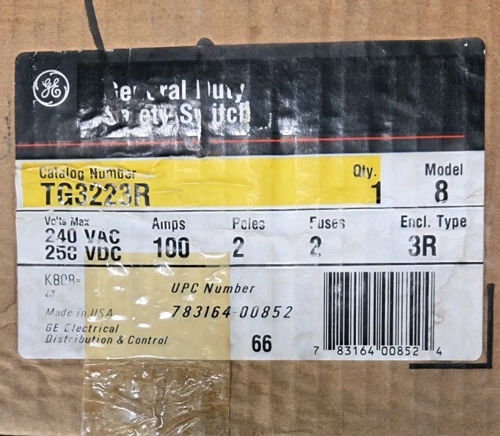 GENERAL ELECTRIC SAFETY SWITCH, TG3223R, 2 Pole, 3 Wire, 240VAC, 100 Amps, NOS