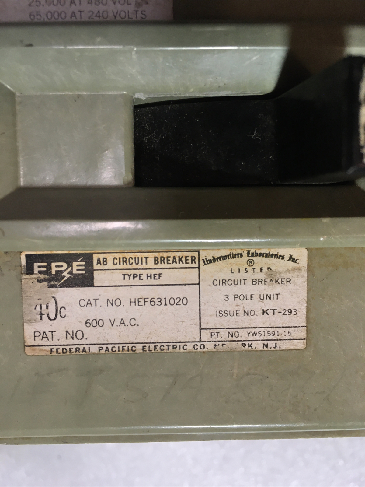 FEDERAL PACIFIC Electric HEF631020 20A 600V 3P CIRCUIT BREAKER WARRANTY