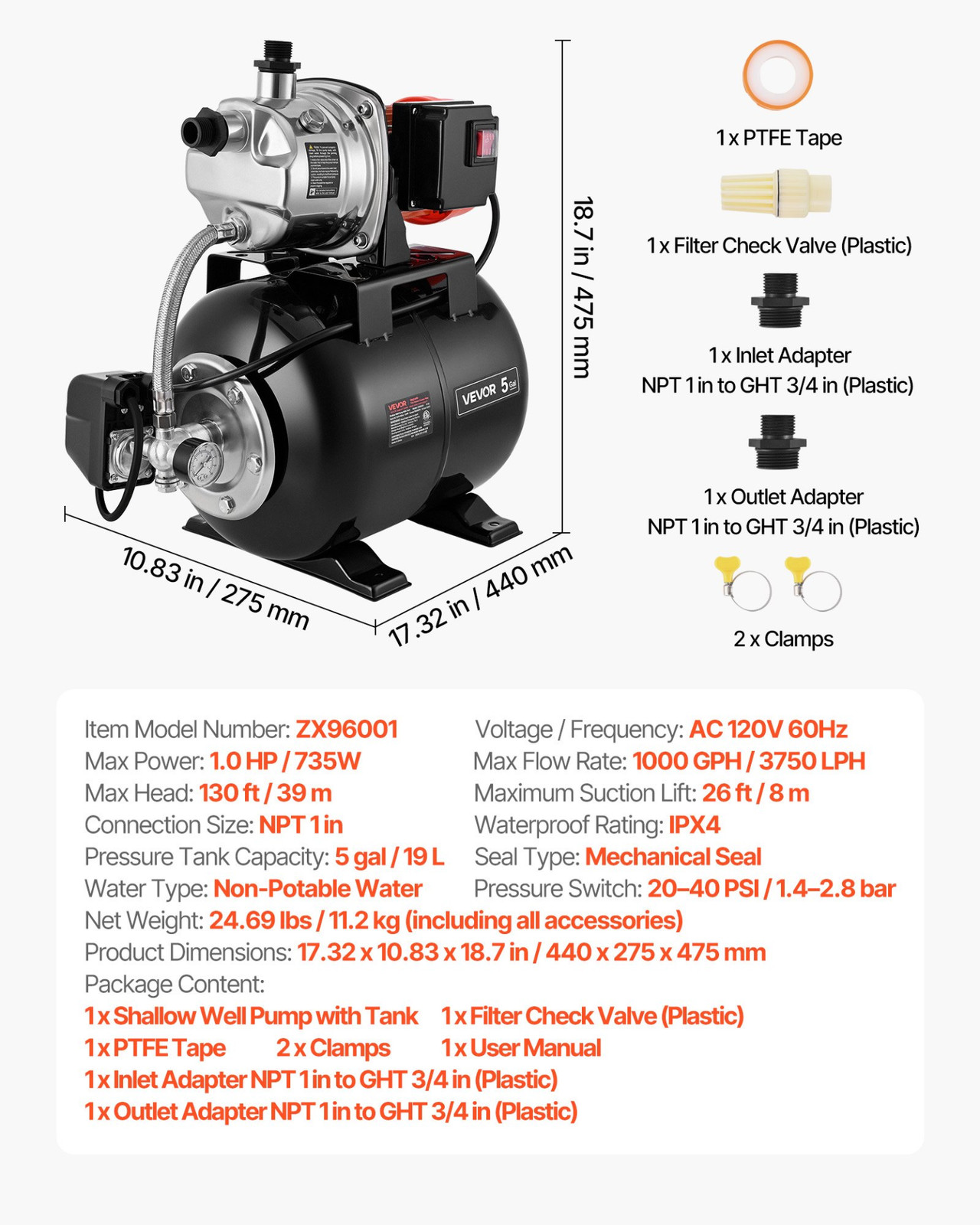 1 HP Shallow Well Pump with Pressure Tank, 120V 1000 GPH, for Home Garden Lawn