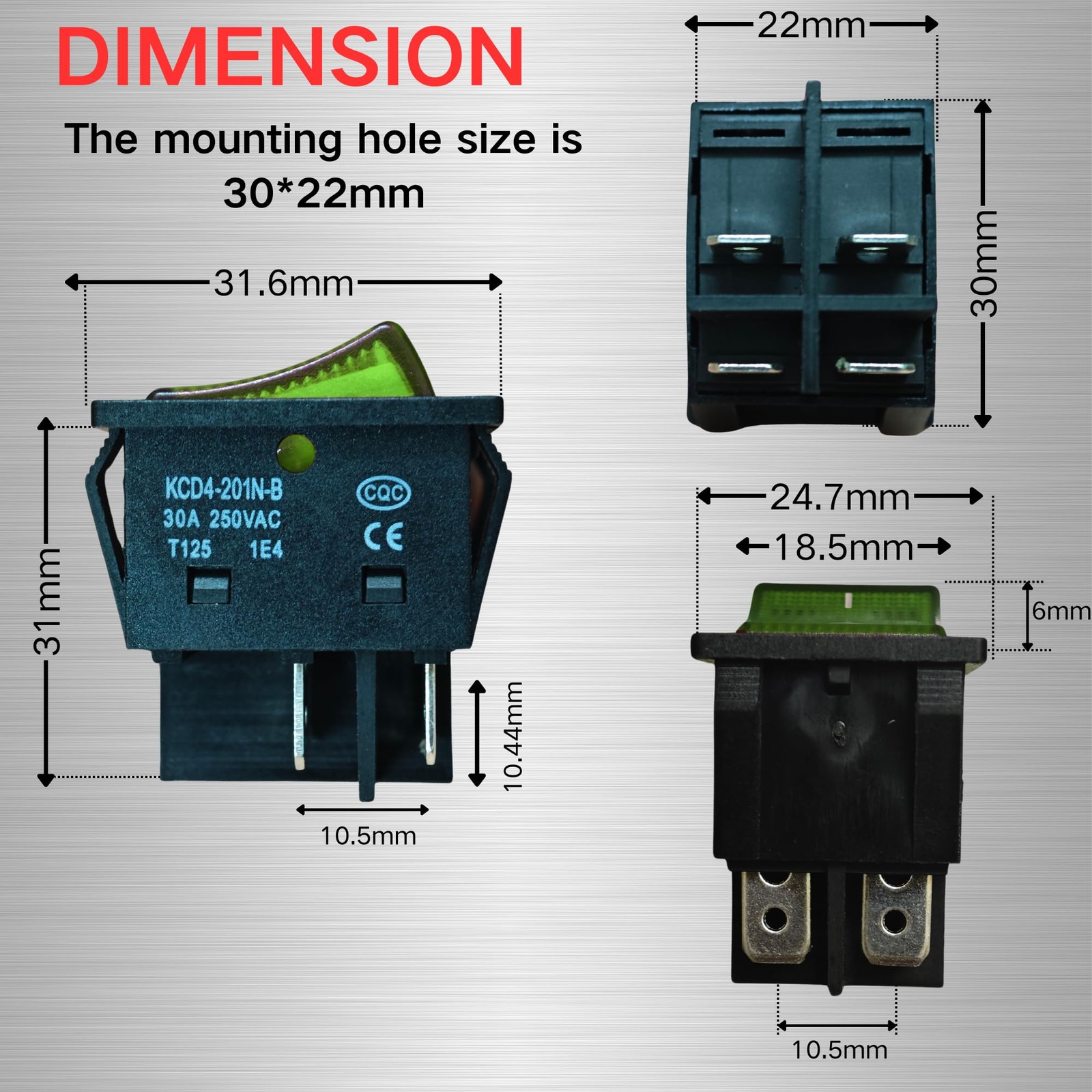 30A 250V KCD4 Rocker Switch DPST 4 Pin Green Lighted 120V Rocker Toggle Switc…