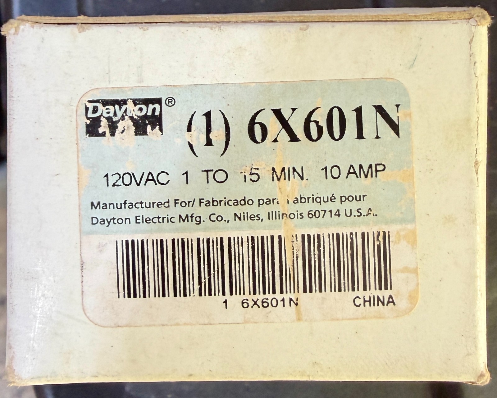 6X601N Dayton 120VAC 1-15min 10A Time Delay Relay