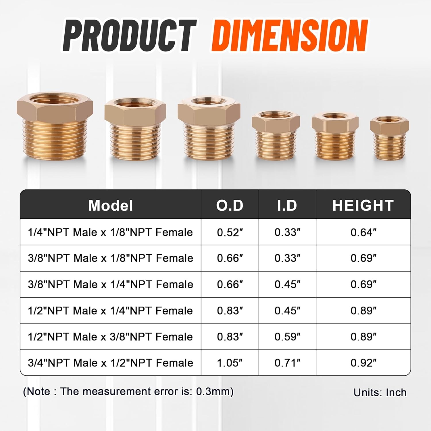 18PCS Brass Hex Bushing Fitting Kit,1/4″ – 1/8″, 3/8″ – 1/8″,3/8″ – 1/4″,1/2″ –
