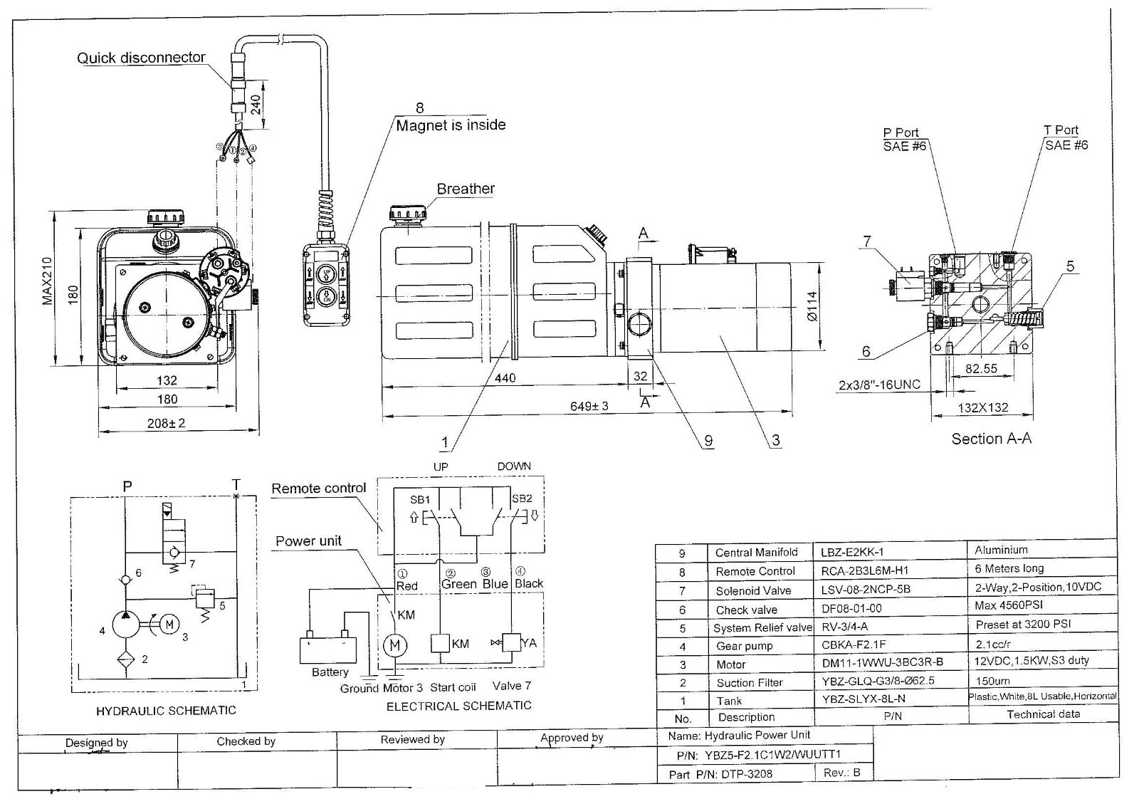 3208C Hydraulic Power Unit, Hydraulic Pump, 12V Single Acting,8Qt, Dump Trailer